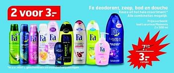 Aanbiedingen Fa deodorant, zeep, bad en douche - Fa - Geldig van 22/07/2014 tot 27/07/2014 bij Trekpleister