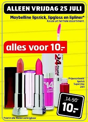Aanbiedingen Maybelline lipstick, lipgloss en lipliner - Maybelline - Geldig van 22/07/2014 tot 27/07/2014 bij Trekpleister