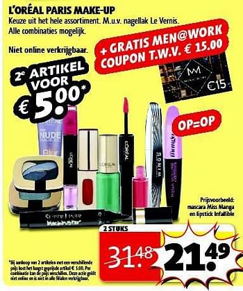 Aanbiedingen Mascara miss manga en lipstick infallible - L'Oreal Paris - Geldig van 22/07/2014 tot 03/08/2014 bij Kruidvat