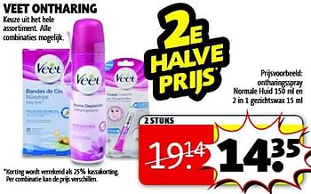 Aanbiedingen Ontharingsspray normale huid 150 ml en 2 in 1 gezichtswax - Veet - Geldig van 22/07/2014 tot 03/08/2014 bij Kruidvat