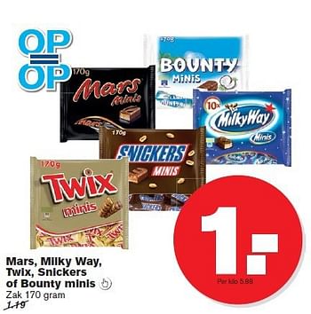 Aanbiedingen Mars, milky way, twix, snickers of bounty minis - Bounty - Geldig van 23/07/2014 tot 29/07/2014 bij Hoogvliet