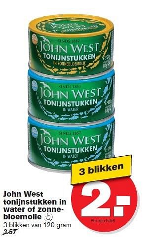 Aanbiedingen John west tonijnstukken in water of zonnebloemolie - John West - Geldig van 23/07/2014 tot 29/07/2014 bij Hoogvliet