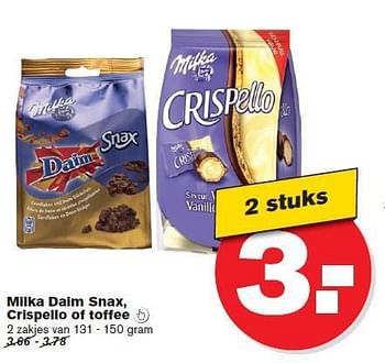 Aanbiedingen Milka daim snax, crispello of toffee - Milka - Geldig van 23/07/2014 tot 29/07/2014 bij Hoogvliet