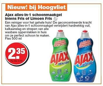 Aanbiedingen Ajax alles-in-1 schoonmaakgel intens fris of limoen fris - Ajax - Geldig van 23/07/2014 tot 29/07/2014 bij Hoogvliet