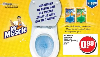 Aanbiedingen Mr. muscle toiletblok aqua blue of aqua green - Mr. Muscle - Geldig van 23/07/2014 tot 29/07/2014 bij Hoogvliet