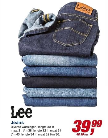 Aanbiedingen Jeans diverse wassingen, lengte 30 in maat 31 t-m 38 - Lee - Geldig van 23/07/2014 tot 05/08/2014 bij Makro