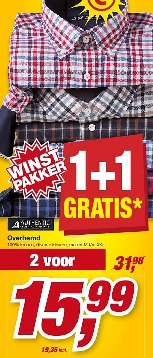 Aanbiedingen Overhemd 100% katoen, diverse kleuren - Authentic - Geldig van 23/07/2014 tot 05/08/2014 bij Makro