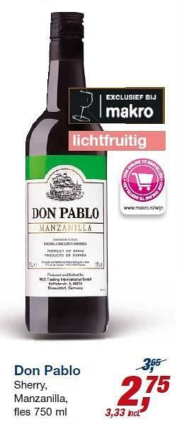 Aanbiedingen Don pablo sherry, manzanilla - Don Pablo - Geldig van 23/07/2014 tot 05/08/2014 bij Makro