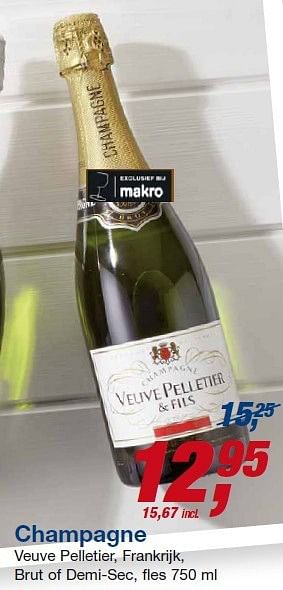 Aanbiedingen Champagne veuve pelletier, frankrijk, brut of demi-sec - Champagne - Geldig van 23/07/2014 tot 05/08/2014 bij Makro