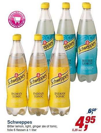 Aanbiedingen Schweppes b itter lemon, light, ginger ale of tonic, folie 6 flessen - Schweppes - Geldig van 23/07/2014 tot 05/08/2014 bij Makro