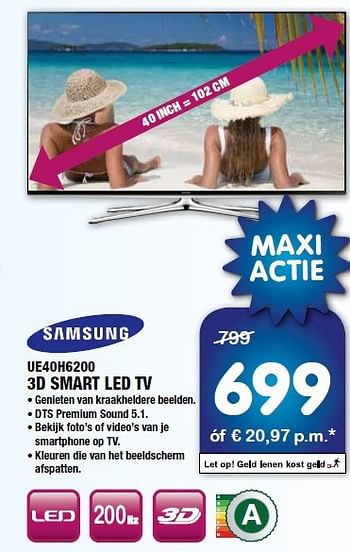 Aanbiedingen Samsung ue40h6200 3d smart led tv - Samsung - Geldig van 25/07/2014 tot 07/08/2014 bij Maxwell