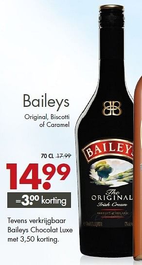 Aanbiedingen Baileys original, biscotti of caramel - Baileys - Geldig van 27/07/2014 tot 09/08/2014 bij Mitra