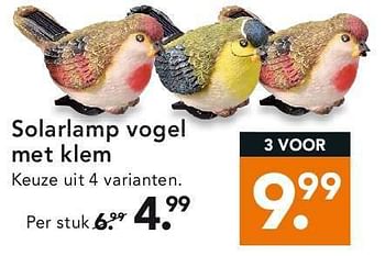 Aanbiedingen Solarlamp vogel met klem - Huismerk - Blokker - Geldig van 28/07/2014 tot 06/08/2014 bij Blokker