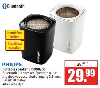 Aanbiedingen Portable speaker bt100b-00 - Philips - Geldig van 28/07/2014 tot 10/08/2014 bij Kijkshop