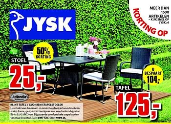 Aanbiedingen Klint tafel + gudhjem stapelstoelen - Jutlandia - Geldig van 28/07/2014 tot 10/08/2014 bij Jysk
