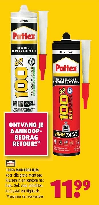 Aanbiedingen 100% montagelijm - Pattex - Geldig van 28/07/2014 tot 10/08/2014 bij Hubo