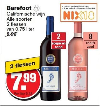Aanbiedingen Barefoot californische wijn alle soorten 2 fl essen - Rode wijnen - Geldig van 30/07/2014 tot 05/08/2014 bij Hoogvliet