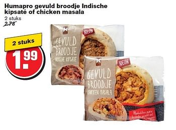 Aanbiedingen Humapro gevuld broodje indische kipsaté of chicken masala - Humapro - Geldig van 30/07/2014 tot 05/08/2014 bij Hoogvliet