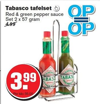 Aanbiedingen Tabasco tafelset red + green pepper sauce - Mc Il Henny Co - Geldig van 30/07/2014 tot 05/08/2014 bij Hoogvliet