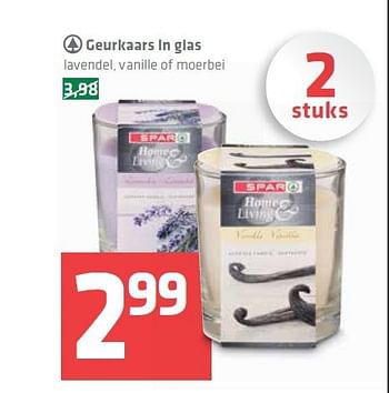Aanbiedingen Geurkaars in glas lavendel, vanille of moerbei - Spar - Geldig van 31/07/2014 tot 06/08/2014 bij Spar