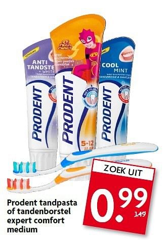 Aanbiedingen Prodent tandpasta of tandenborstel expert comfort medium - Prodent - Geldig van 03/08/2014 tot 09/08/2014 bij Deka Markt