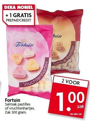 Aanbiedingen Fortuin Salmiak pastilles  of vruchtenhartjes - Fortuin - Geldig van 03/08/2014 tot 09/08/2014 bij Deka Markt