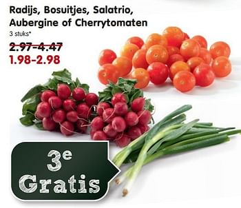 Aanbiedingen Radijs, bosuitjes, salatrio, aubergine of cherrytomaten - Huismerk - Em-té - Geldig van 03/08/2014 tot 09/08/2014 bij Em-té