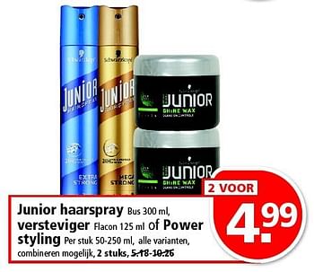 Aanbiedingen Junior haarspray versteviger of power styling - Junior - Geldig van 03/08/2014 tot 09/08/2014 bij Plus