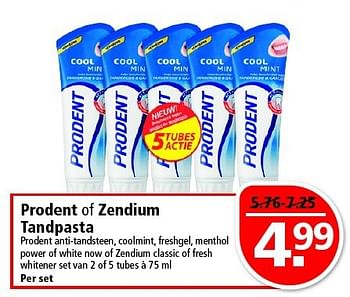Aanbiedingen Prodent of zendium tandpasta - Prodent - Geldig van 03/08/2014 tot 09/08/2014 bij Plus