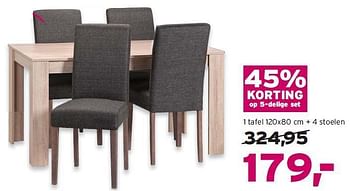 Aanbiedingen 1 tafel 120x80 cm + 4 stoelen - Huismerk - Leen Bakker - Geldig van 03/08/2014 tot 16/08/2014 bij Leen Bakker