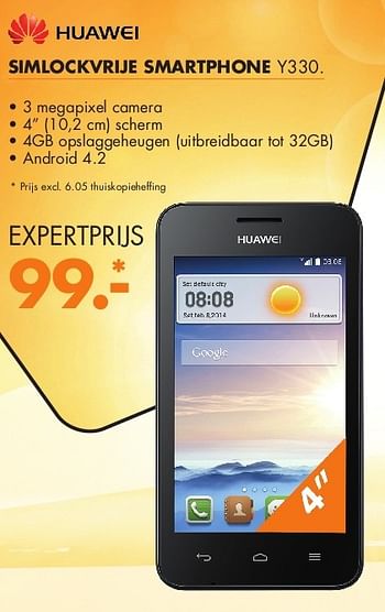 Aanbiedingen Huawei simlockvrije smartphone y330 - Huawei - Geldig van 04/08/2014 tot 10/08/2014 bij Expert