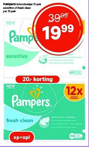 Aanbiedingen Pampers lotiondoekjes 12-pak sensitive of fresh clean - Pampers - Geldig van 04/08/2014 tot 17/08/2014 bij Etos