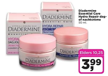 Aanbiedingen Diadermine essential care hydra repair dag- of nachtcrème - Diadermine - Geldig van 05/08/2014 tot 11/08/2014 bij Dirx Drogisterijen