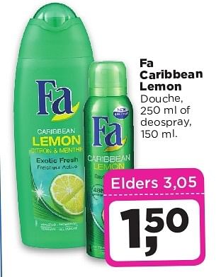 Aanbiedingen Fa caribbean lemon douche, 250 ml of deospray - Fa - Geldig van 05/08/2014 tot 11/08/2014 bij Dirx Drogisterijen