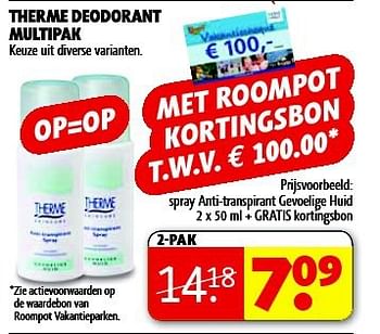 Aanbiedingen Spray anti-transpirant gevoelige huid + gratis kortingsbon - Therme - Geldig van 05/08/2014 tot 17/08/2014 bij Kruidvat