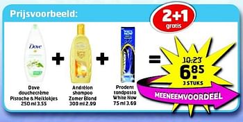 Aanbiedingen Dove douchecrème andrélon shampoo prodent tandpasta - Dove - Geldig van 05/08/2014 tot 17/08/2014 bij Trekpleister