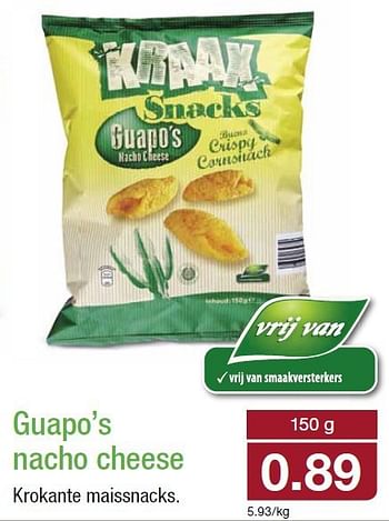 Aanbiedingen Guapo`s nacho cheese krokante maissnacks - Kraak Snacks - Geldig van 06/08/2014 tot 12/08/2014 bij Aldi