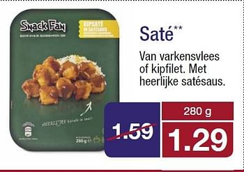 Aanbiedingen Saté van varkensvlees of kipfilet. met heerlijke satésaus - Snack Fan - Geldig van 06/08/2014 tot 12/08/2014 bij Aldi