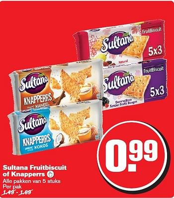 Aanbiedingen Sultana fruitbiscuit of knapperrs - Sultana - Geldig van 06/08/2014 tot 12/08/2014 bij Hoogvliet