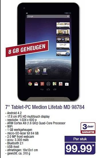 Aanbiedingen 7`` tablet-pc medion lifetab md 98784 - Medion - Geldig van 06/08/2014 tot 12/08/2014 bij Aldi