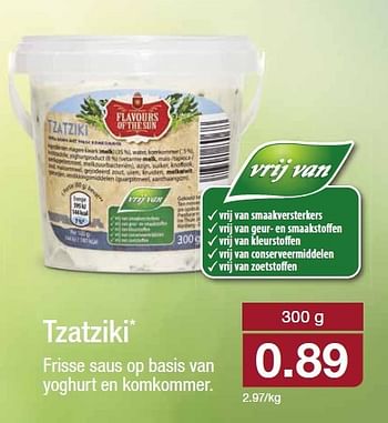 Aanbiedingen Tzatziki frisse saus op basis van yoghurt en komkommer - Flavors of the Sun - Geldig van 06/08/2014 tot 12/08/2014 bij Aldi