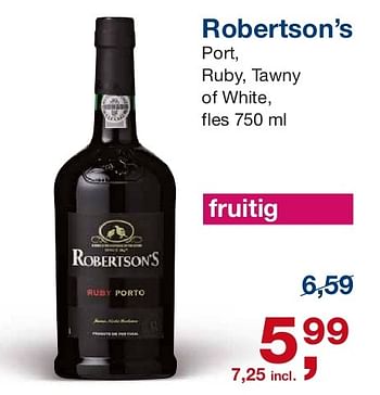Aanbiedingen Robertson`s port, ruby, tawny of white - Robertson's - Geldig van 06/08/2014 tot 26/08/2014 bij Makro