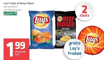 Aanbiedingen Lay`s chips of deep ridged - Lay's - Geldig van 07/08/2014 tot 13/08/2014 bij Spar