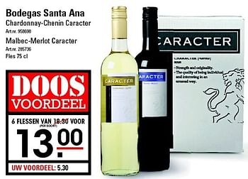 Aanbiedingen Bodegas santa ana chardonnay-chenin caracter - Witte wijnen - Geldig van 07/08/2014 tot 25/08/2014 bij Sligro