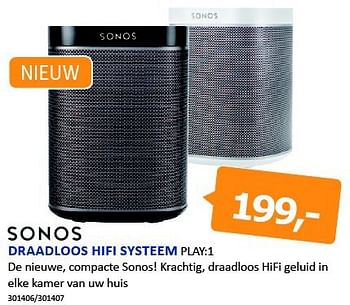 Aanbiedingen Sonos draadloos hifi systeem play:1 - Sonos - Geldig van 08/08/2014 tot 24/08/2014 bij De Harense Smid