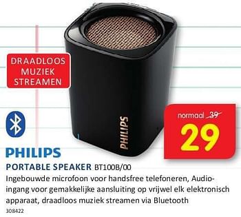 Aanbiedingen Philips portable speaker bt100b-00 - Philips - Geldig van 08/08/2014 tot 24/08/2014 bij It's Electronics
