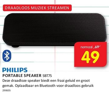 Aanbiedingen Philips portable speaker sbt75 - Philips - Geldig van 08/08/2014 tot 24/08/2014 bij It's Electronics