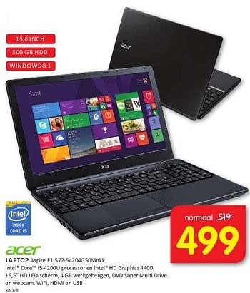 Aanbiedingen Acer laptop aspire e1-572-54204g50mnkk - Acer - Geldig van 08/08/2014 tot 24/08/2014 bij It's Electronics