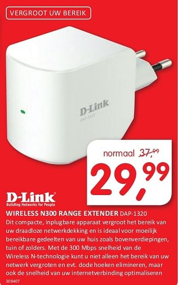 Aanbiedingen D-link wireless n300 range extender dap-1320 - D-Link - Geldig van 08/08/2014 tot 24/08/2014 bij It's Electronics