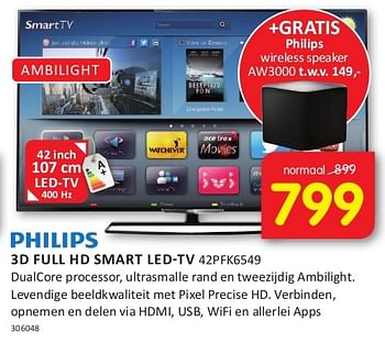 Aanbiedingen Philips 3d full hd smart led-tv 42pfk6549 - Philips - Geldig van 08/08/2014 tot 24/08/2014 bij It's Electronics